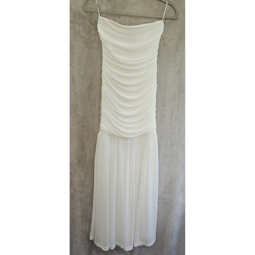 Bardot Solana Mesh Maxi Dress White Strapless Ruched Drop Waist Bridal NWT US 6